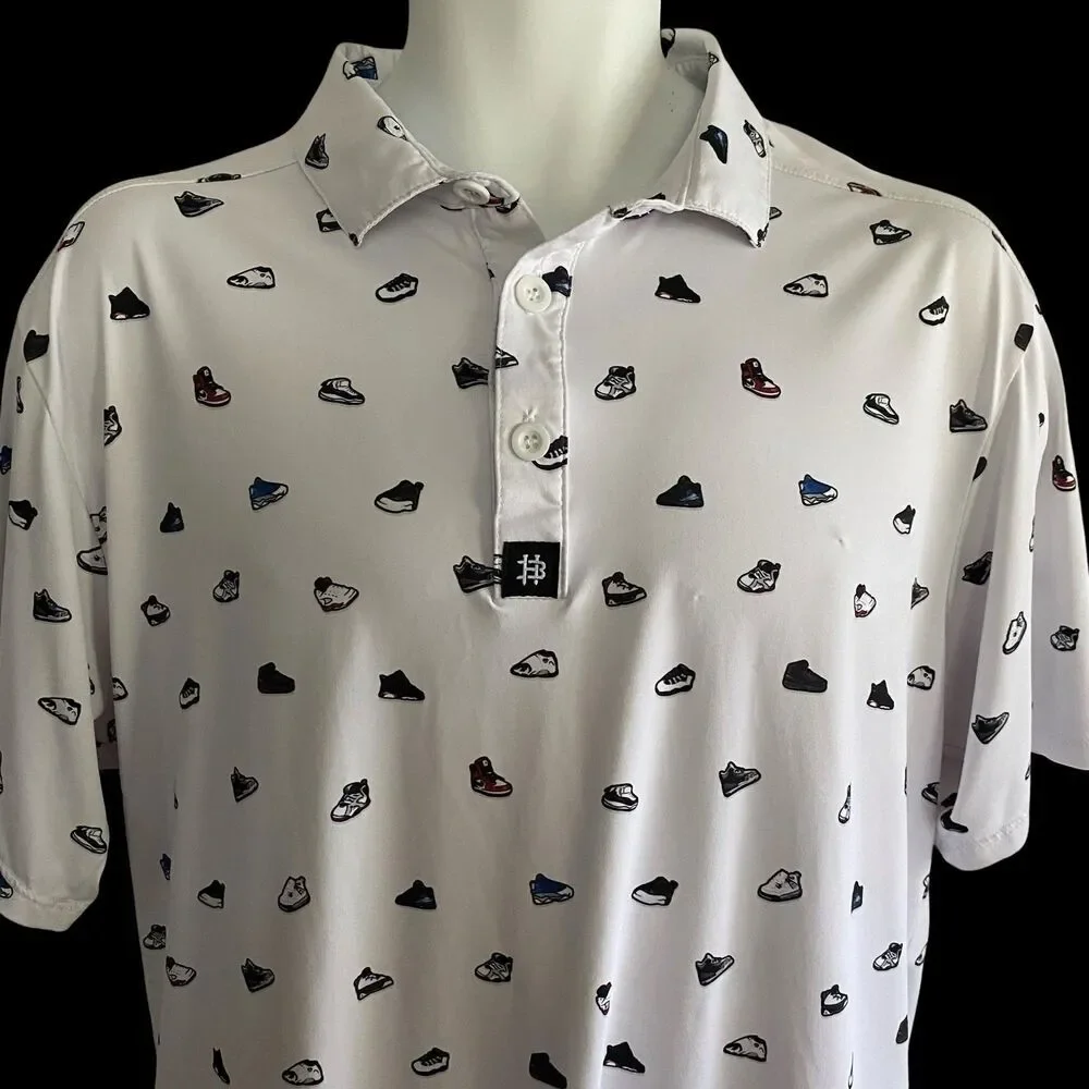 Hazards & Bogeys Polo Shirt Mens Large White Sneaker Print Golf Moisture Wicking
